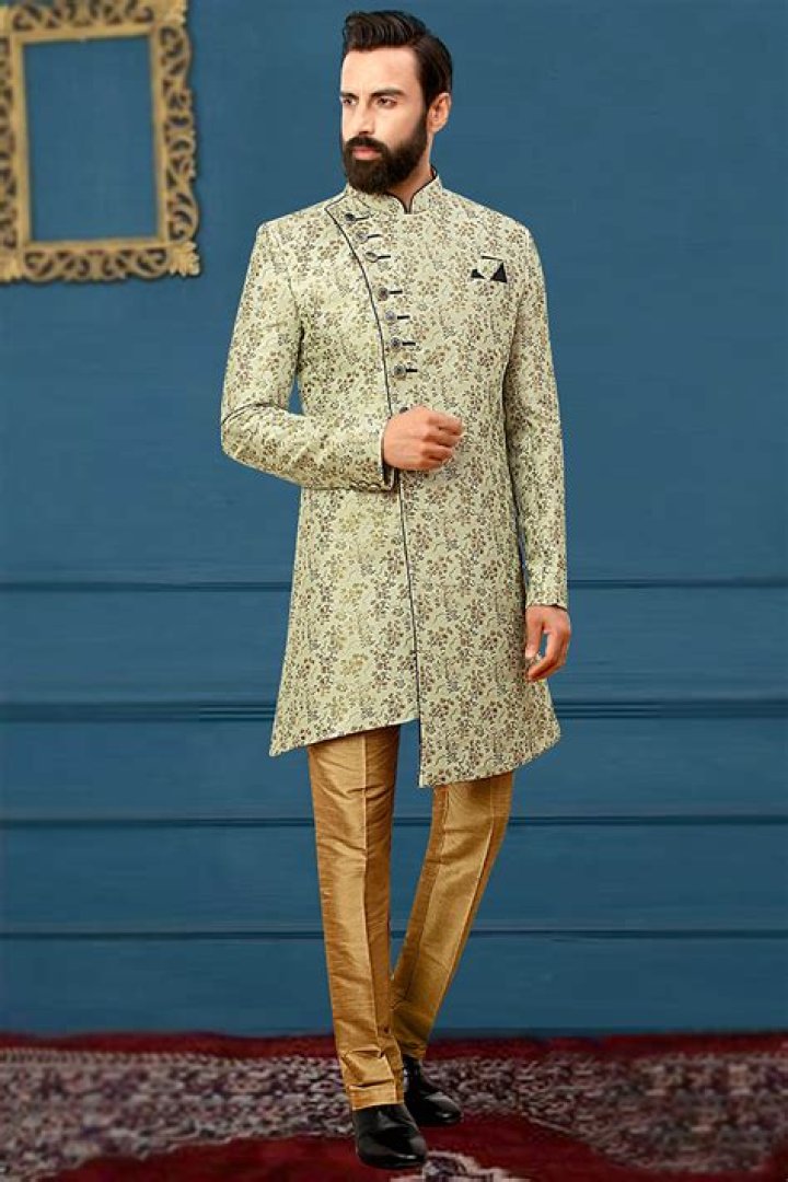 Brocade Sherwani in Green with Stone work in 2019 Sherwani, Wedding sherwani, Men dress